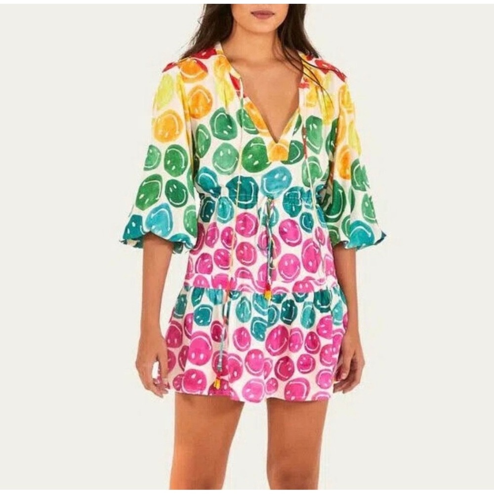 FARM Rio Mini Dress Rainbow Smiley Women's Size Small Rare Colorful Luxury